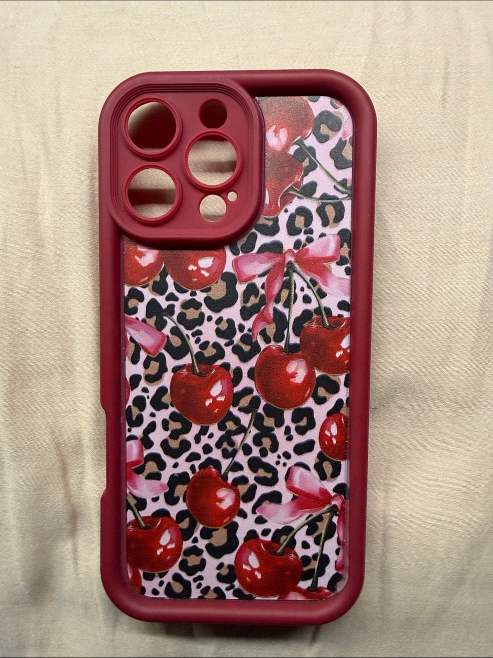 Red Cherry Leopard 16 Pro Max Phone Case - Unbranded